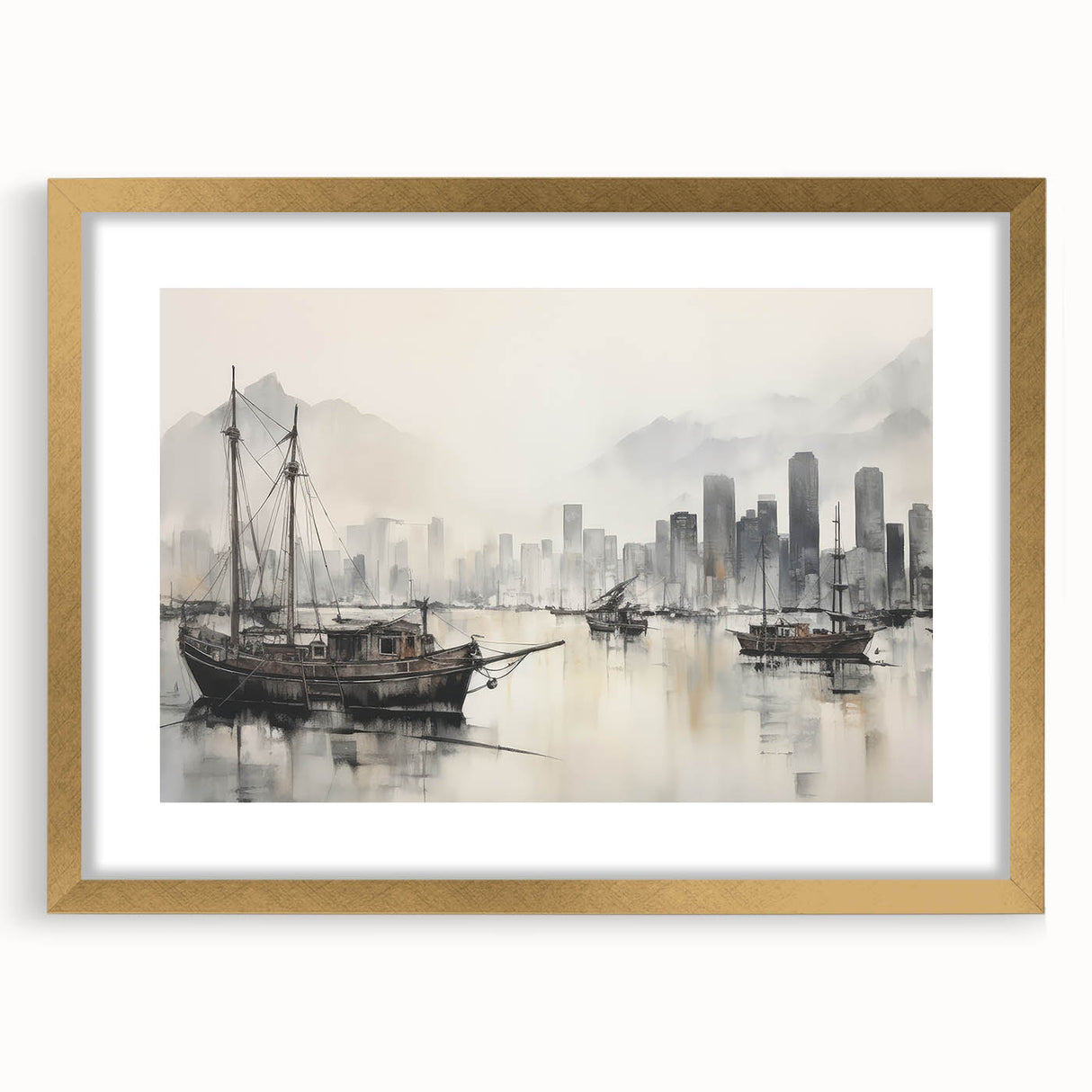 Vintage Landscape Art - Ships in Harbor with City Skyline