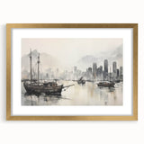 Vintage Landscape Art - Ships in Harbor with City Skyline