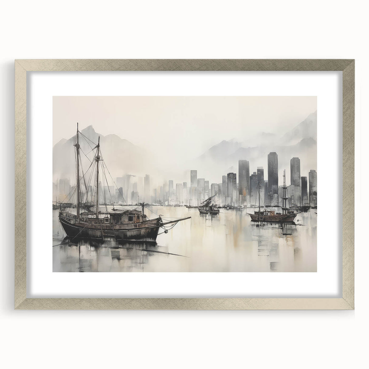 Vintage Landscape Art - Ships in Harbor with City Skyline