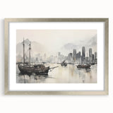Vintage Landscape Art - Ships in Harbor with City Skyline