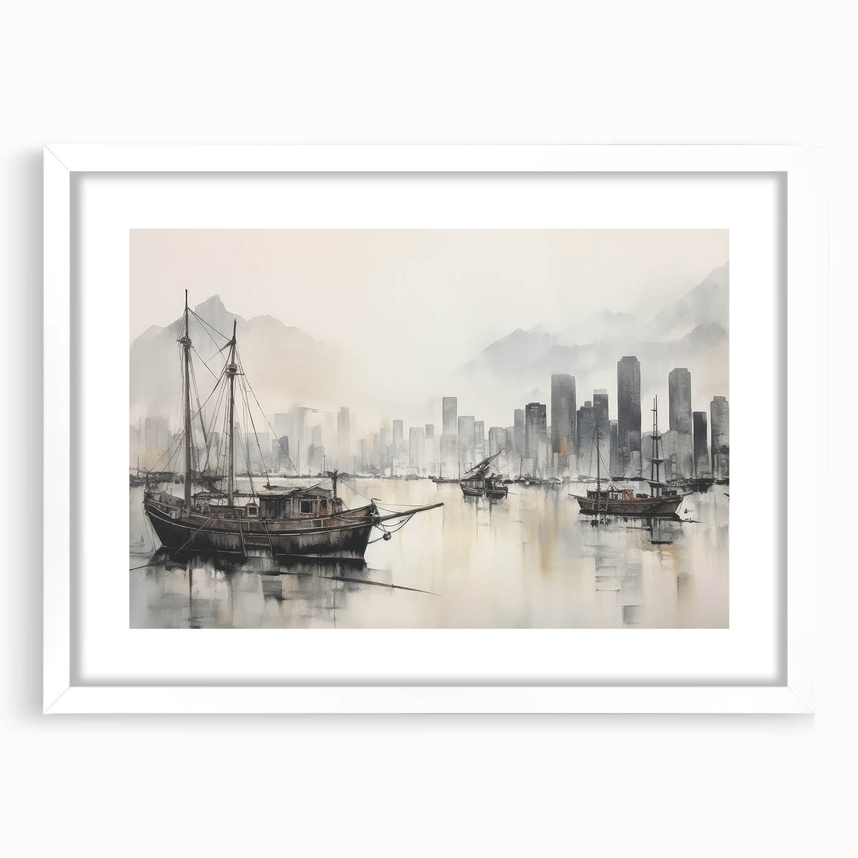 Vintage Landscape Art - Ships in Harbor with City Skyline