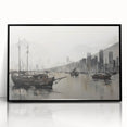 Vintage Landscape Art - Ships in Harbor with City Skyline