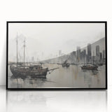 Vintage Landscape Art - Ships in Harbor with City Skyline