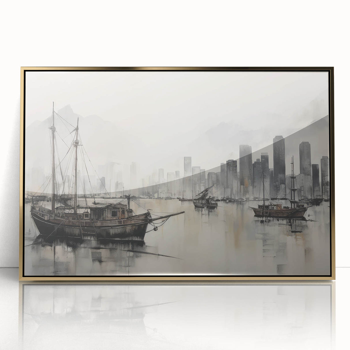 Vintage Landscape Art - Ships in Harbor with City Skyline