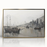 Vintage Landscape Art - Ships in Harbor with City Skyline