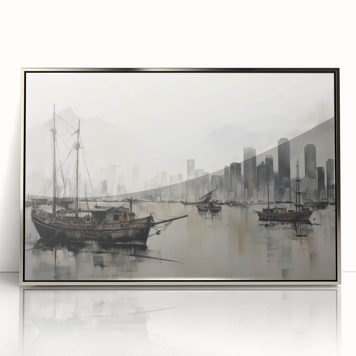 Vintage Landscape Art - Ships in Harbor with City Skyline
