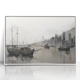 Vintage Landscape Art - Ships in Harbor with City Skyline