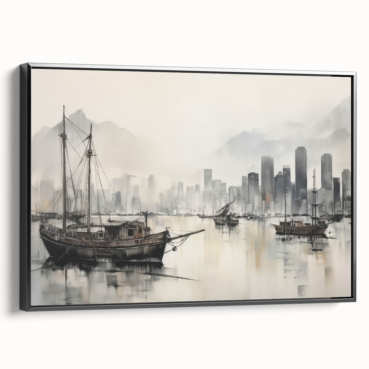 Vintage Landscape Art - Ships in Harbor with City Skyline