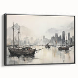 Vintage Landscape Art - Ships in Harbor with City Skyline