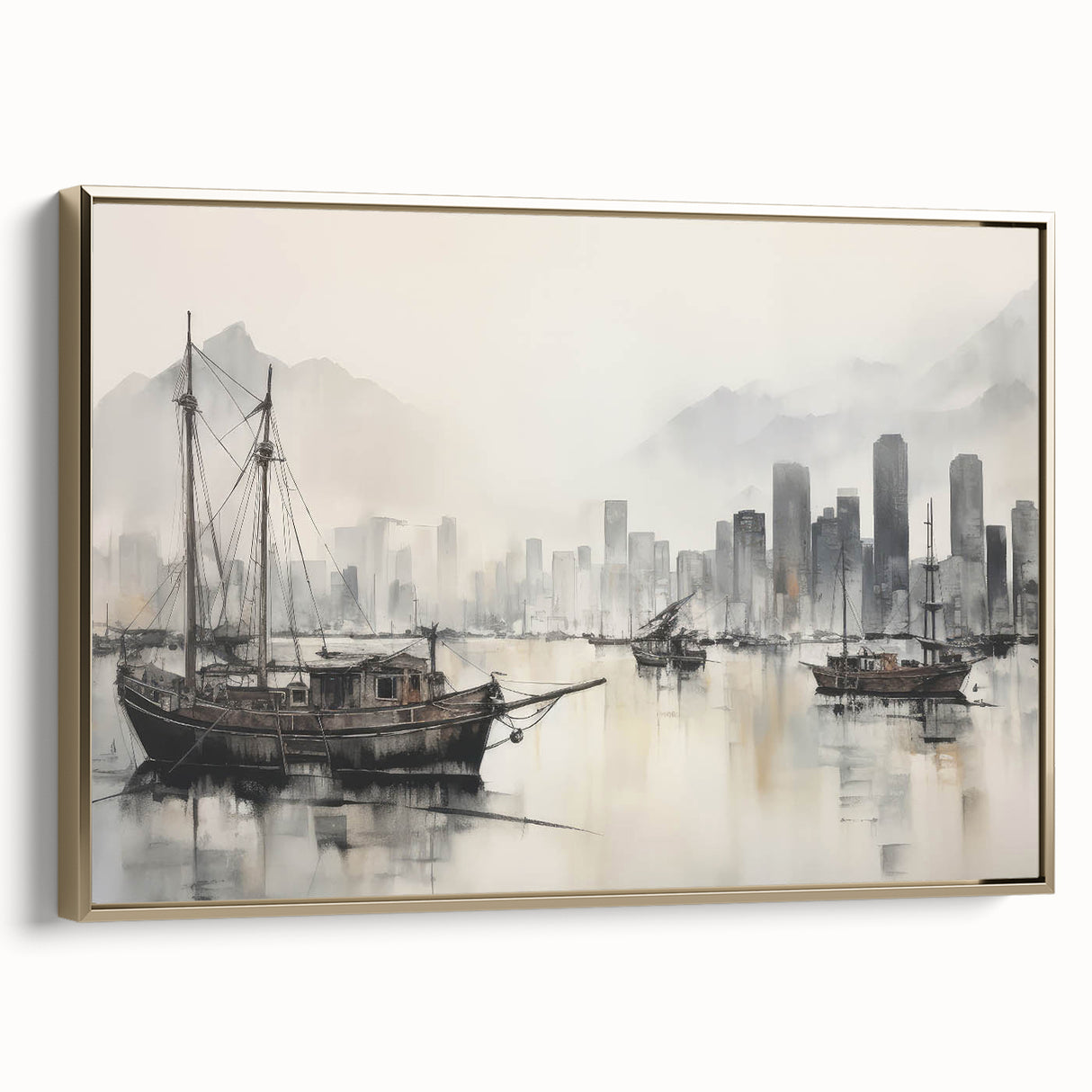 Vintage Landscape Art - Ships in Harbor with City Skyline