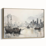 Vintage Landscape Art - Ships in Harbor with City Skyline