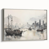 Vintage Landscape Art - Ships in Harbor with City Skyline