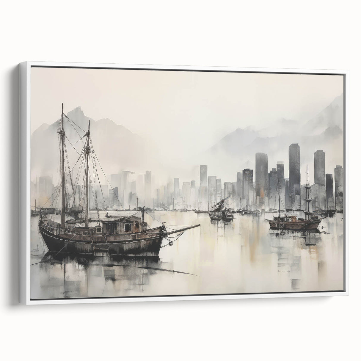 Vintage Landscape Art - Ships in Harbor with City Skyline