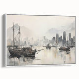 Vintage Landscape Art - Ships in Harbor with City Skyline