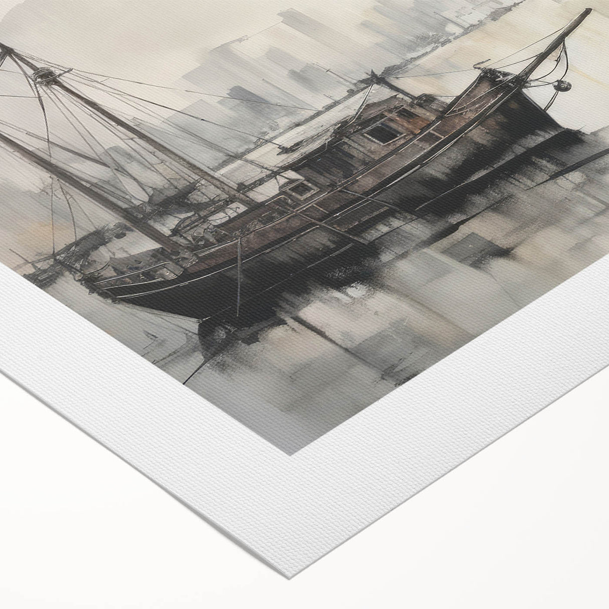 Vintage Landscape Art - Ships in Harbor with City Skyline