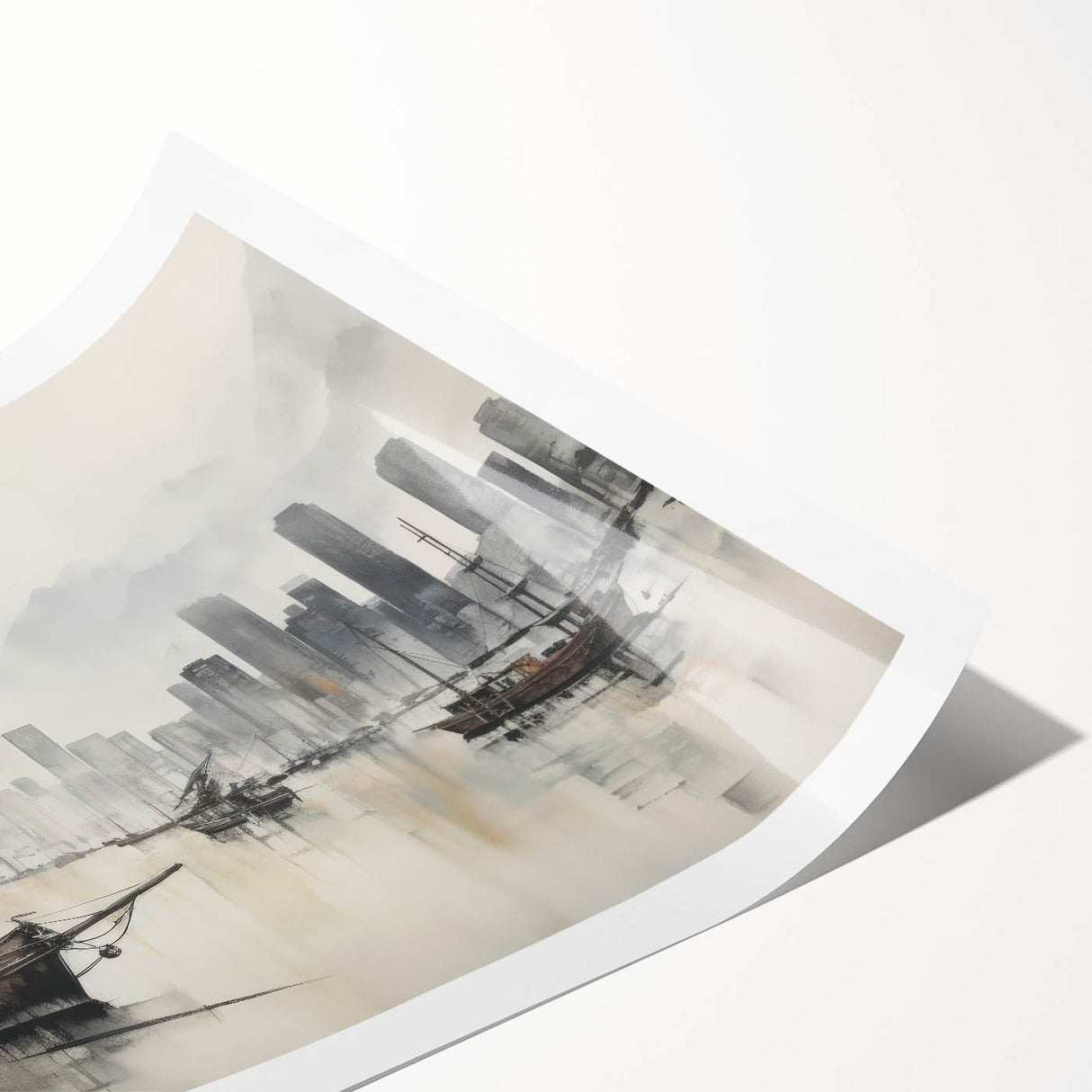Vintage Landscape Art - Ships in Harbor with City Skyline
