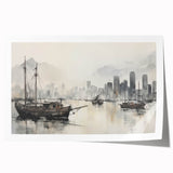 Vintage Landscape Art - Ships in Harbor with City Skyline