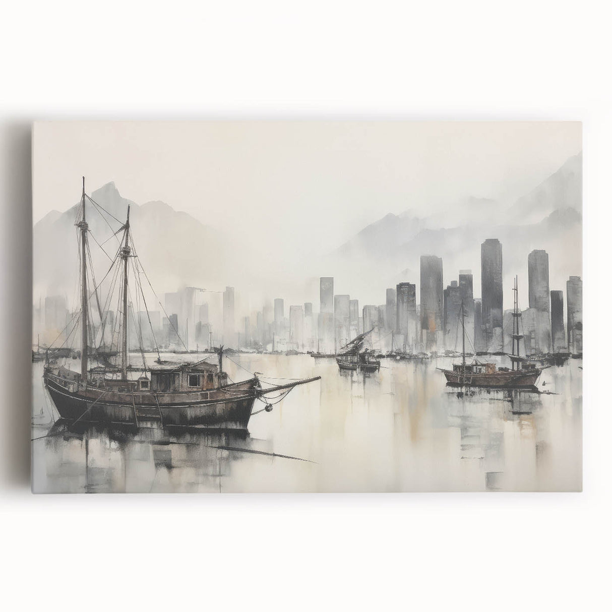 Vintage Landscape Art - Ships in Harbor with City Skyline