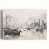 Vintage Landscape Art - Ships in Harbor with City Skyline
