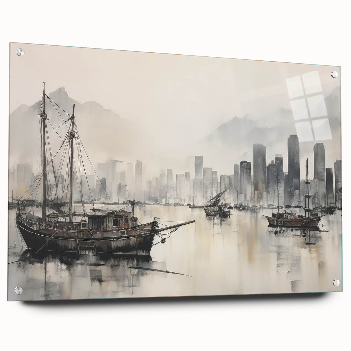 Vintage Landscape Art - Ships in Harbor with City Skyline