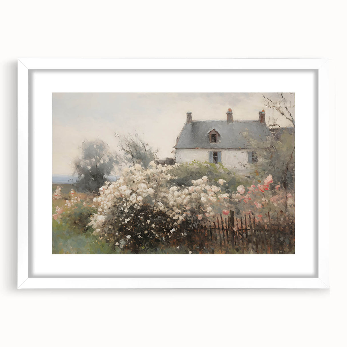 Vintage Landscape Art – Cottage with Flowers in Bloom – Antique Country Scene Wall Art