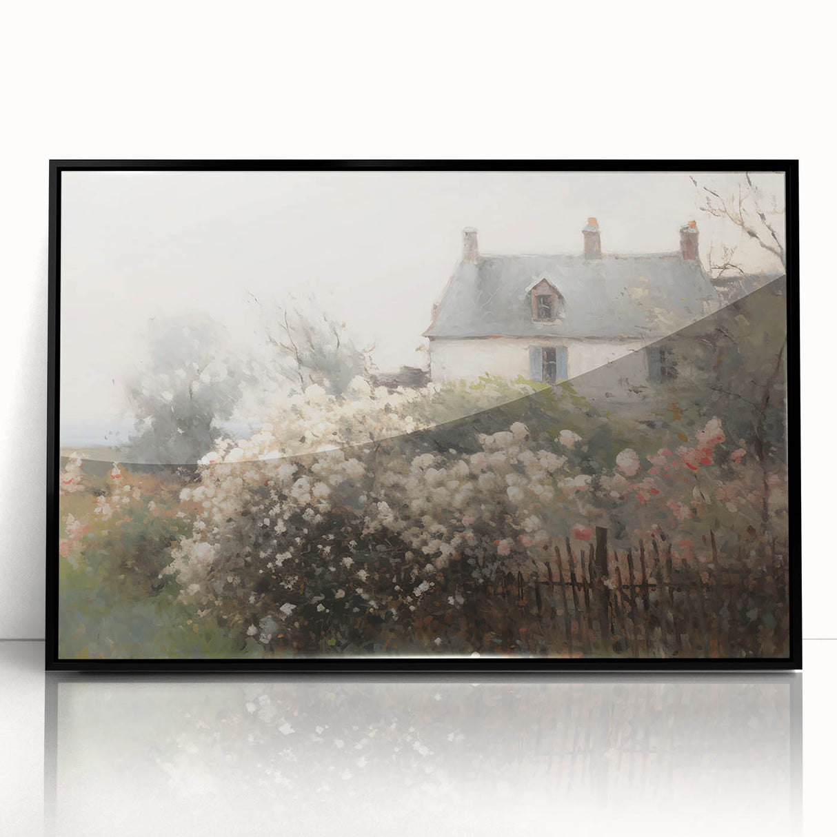 Vintage Landscape Art – Cottage with Flowers in Bloom – Antique Country Scene Wall Art
