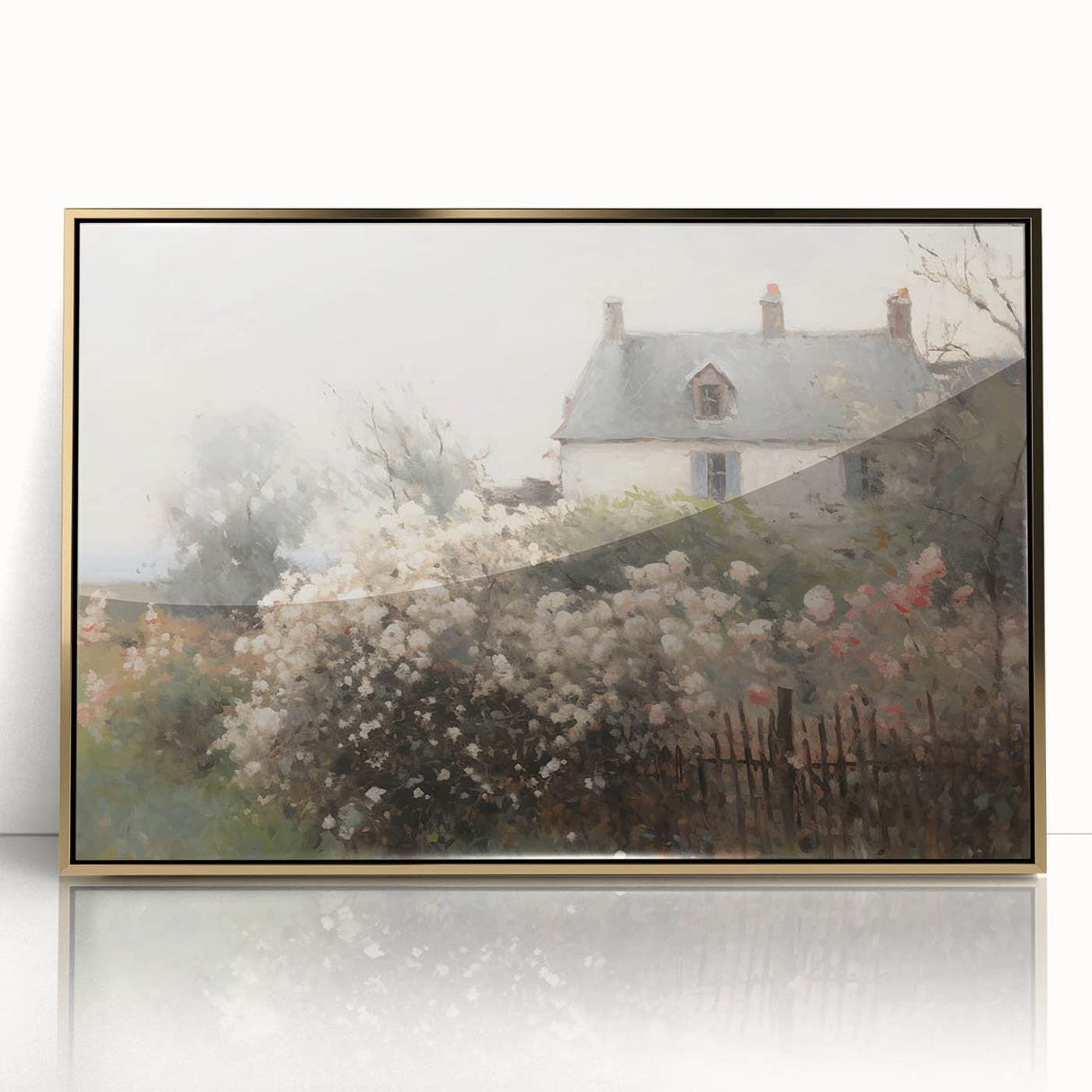 Vintage Landscape Art – Cottage with Flowers in Bloom – Antique Country Scene Wall Art