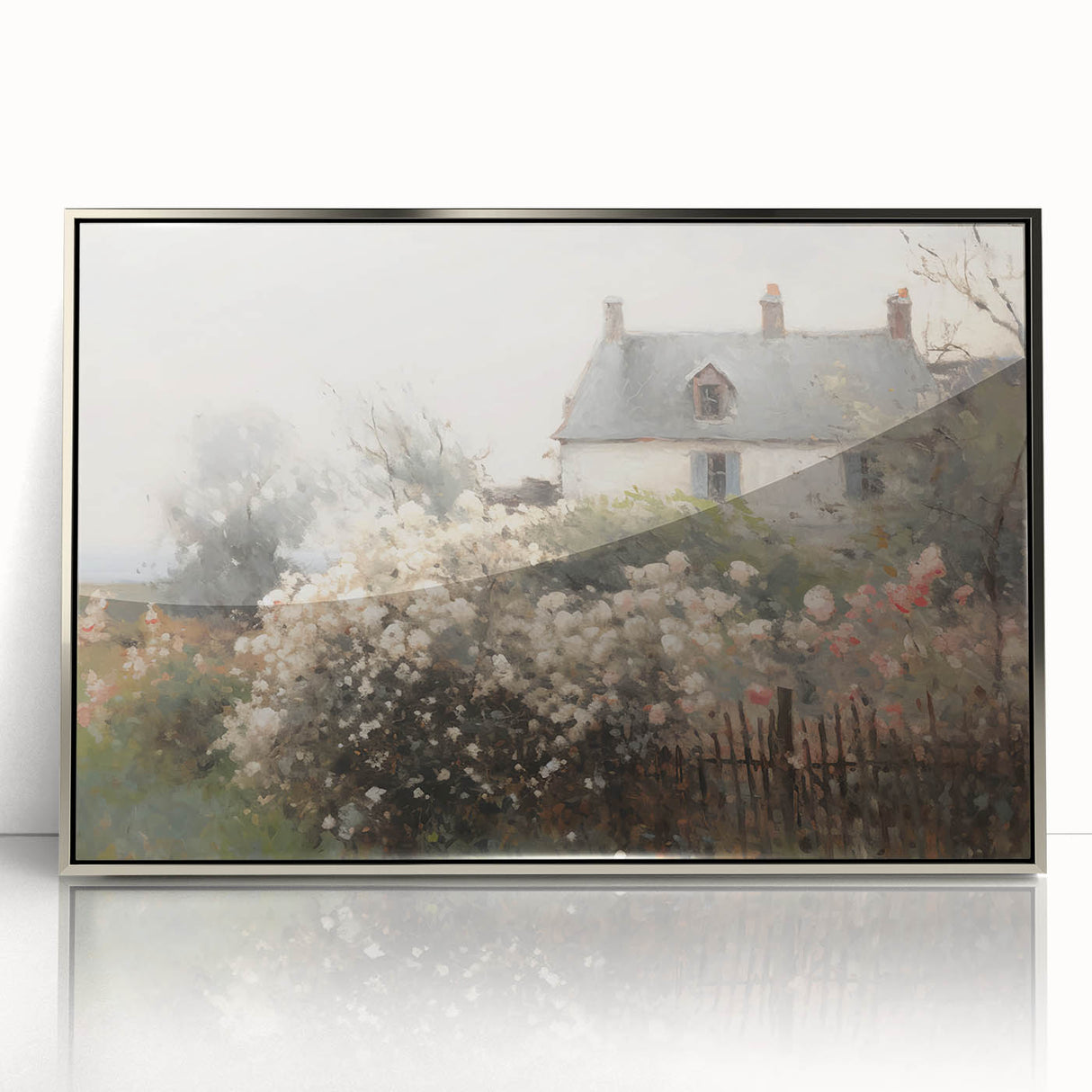 Vintage Landscape Art – Cottage with Flowers in Bloom – Antique Country Scene Wall Art