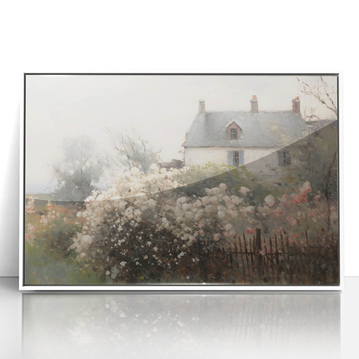 Vintage Landscape Art – Cottage with Flowers in Bloom – Antique Country Scene Wall Art