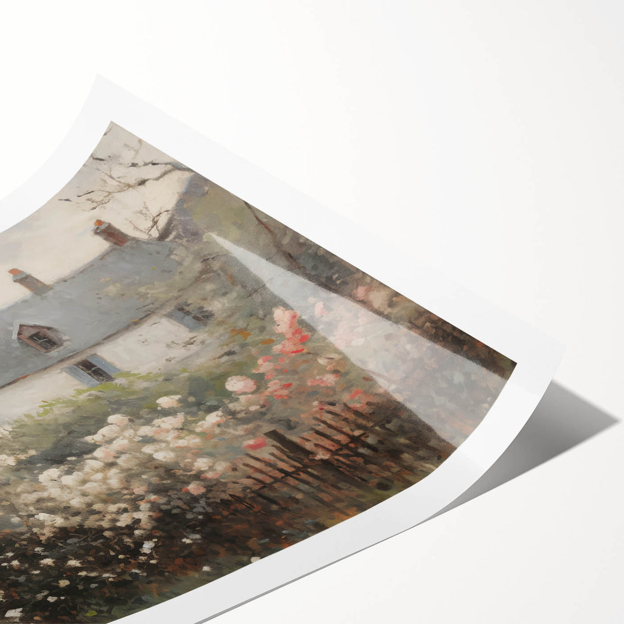 Vintage Landscape Art – Cottage with Flowers in Bloom – Antique Country Scene Wall Art