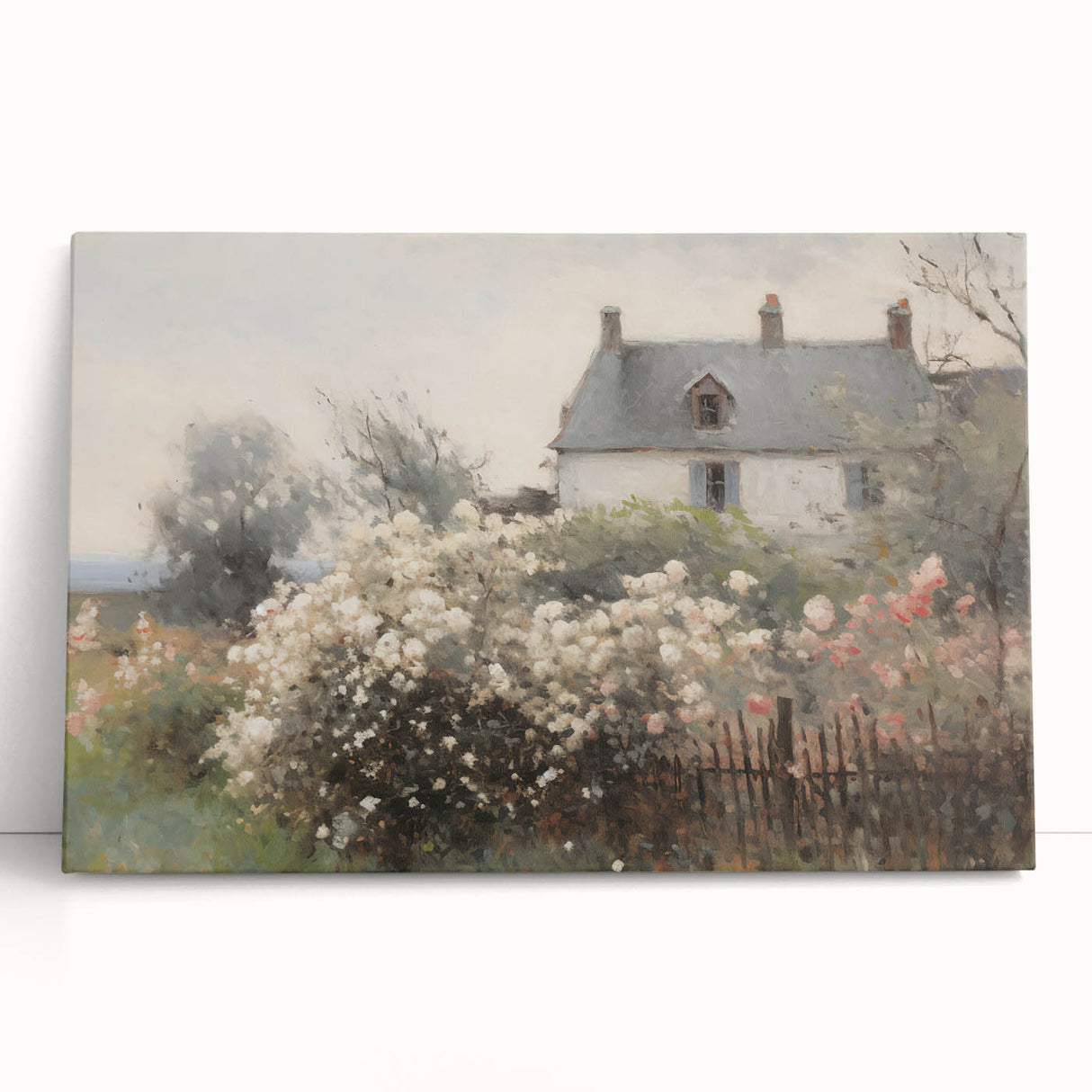 Vintage Landscape Art – Cottage with Flowers in Bloom – Antique Country Scene Wall Art
