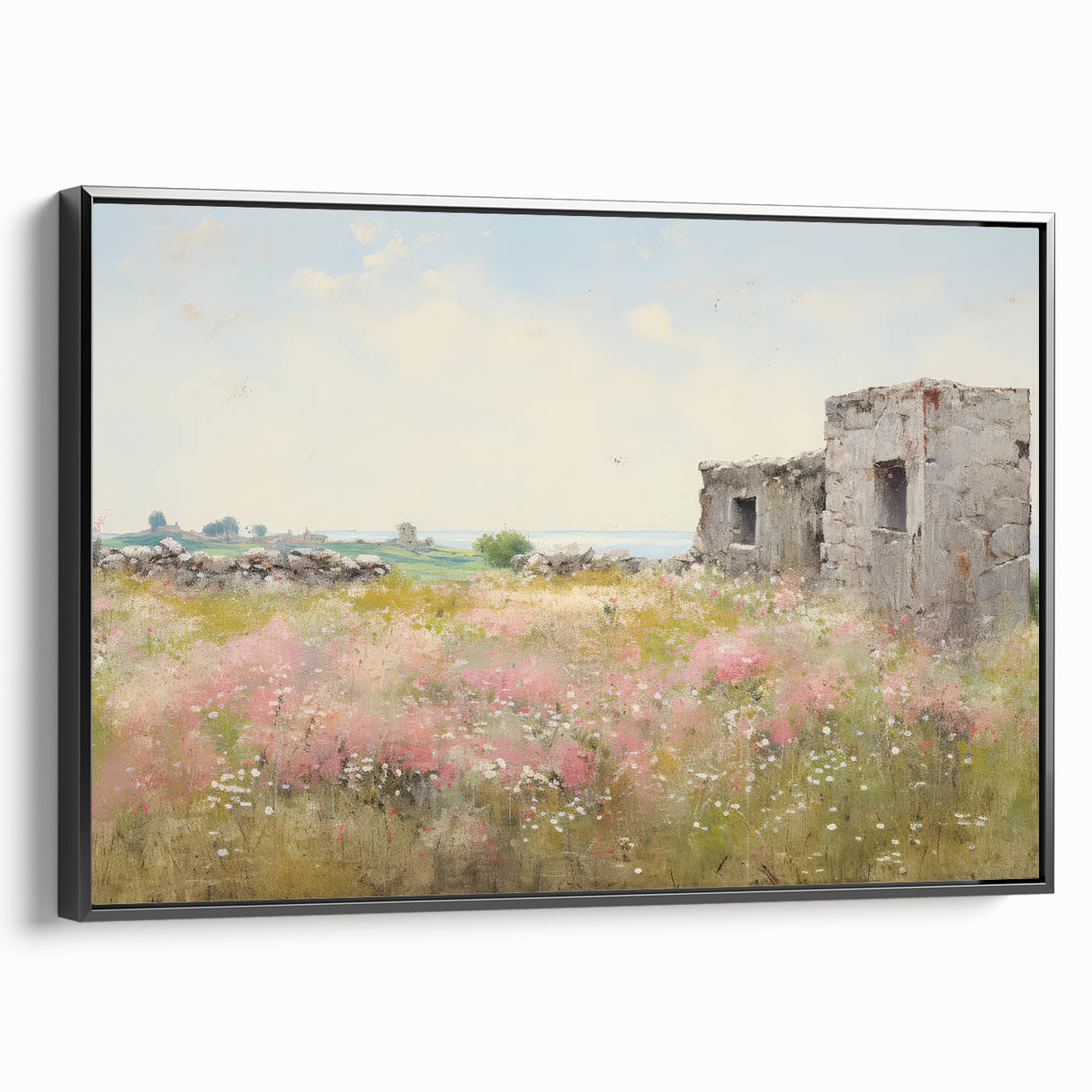 Vintage Landscape Art - Ruins in Blooming Field
