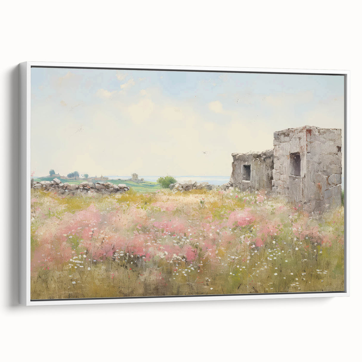 Vintage Landscape Art - Ruins in Blooming Field