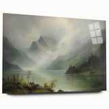 Vintage Landscape Art - Misty Mountains and Tranquil Lake
