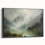 Vintage Landscape Art - Misty Mountains and Tranquil Lake