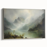 Vintage Landscape Art - Misty Mountains and Tranquil Lake