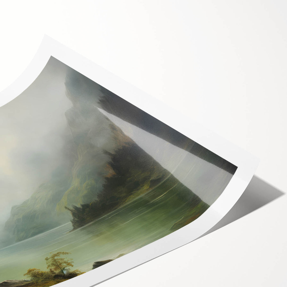 Vintage Landscape Art - Misty Mountains and Tranquil Lake