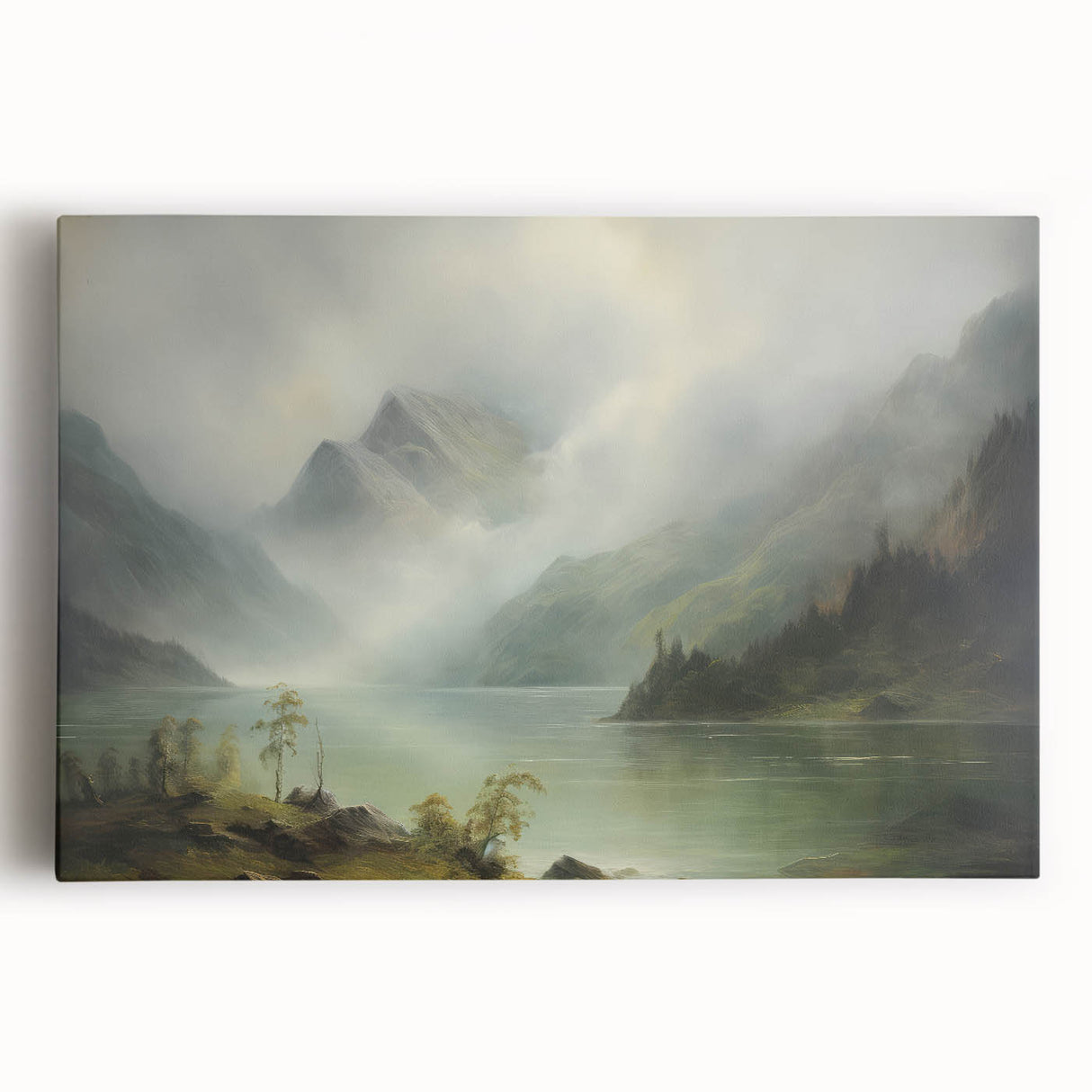 Vintage Landscape Art - Misty Mountains and Tranquil Lake