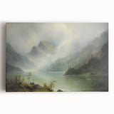 Vintage Landscape Art - Misty Mountains and Tranquil Lake