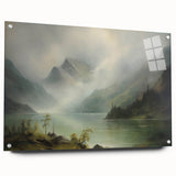 Vintage Landscape Art - Misty Mountains and Tranquil Lake