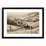 Vintage Landscape Art - Ink Drawing of Countryside Village