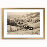 Vintage Landscape Art - Ink Drawing of Countryside Village