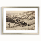 Vintage Landscape Art - Ink Drawing of Countryside Village