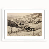 Vintage Landscape Art - Ink Drawing of Countryside Village