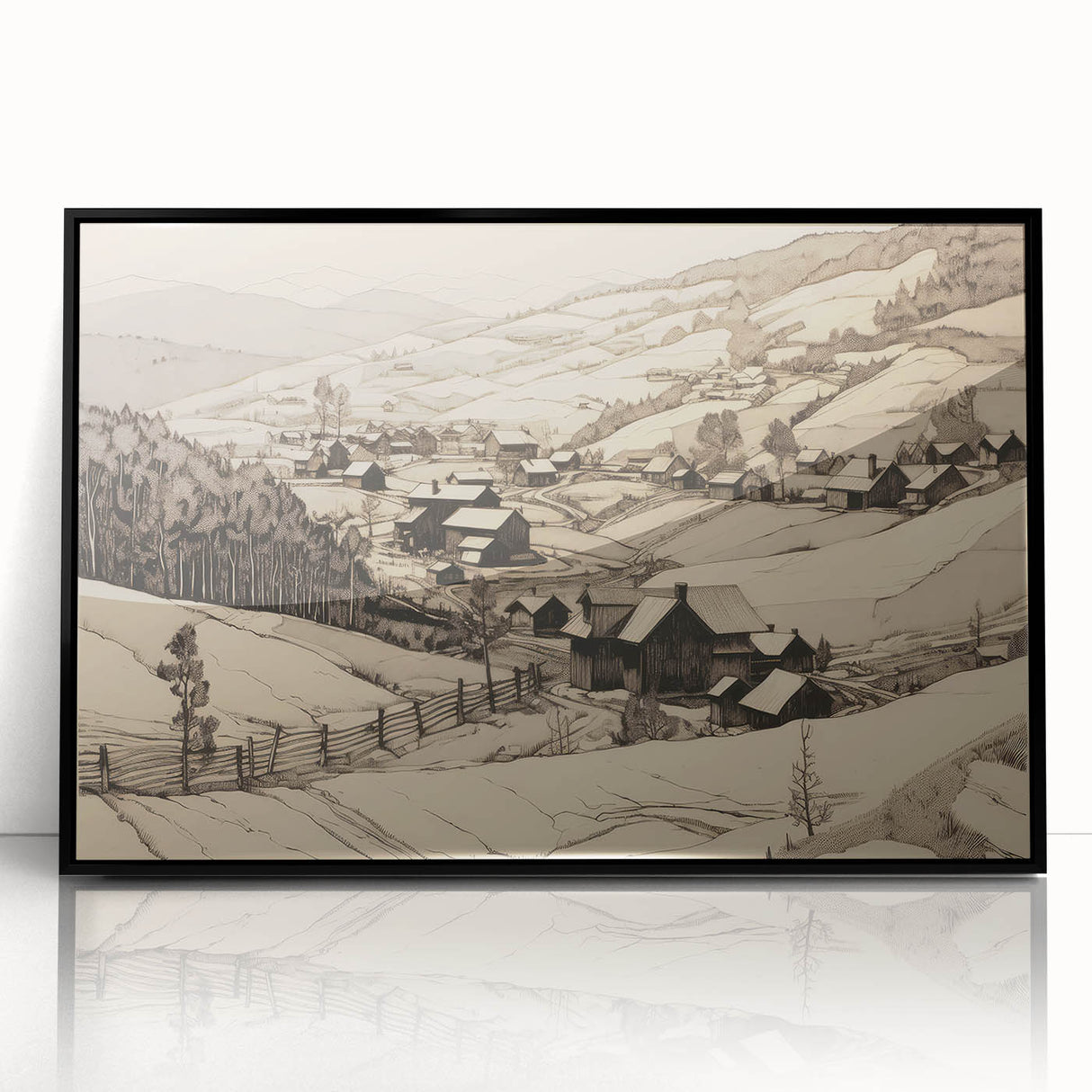 Vintage Landscape Art - Ink Drawing of Countryside Village