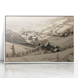 Vintage Landscape Art - Ink Drawing of Countryside Village