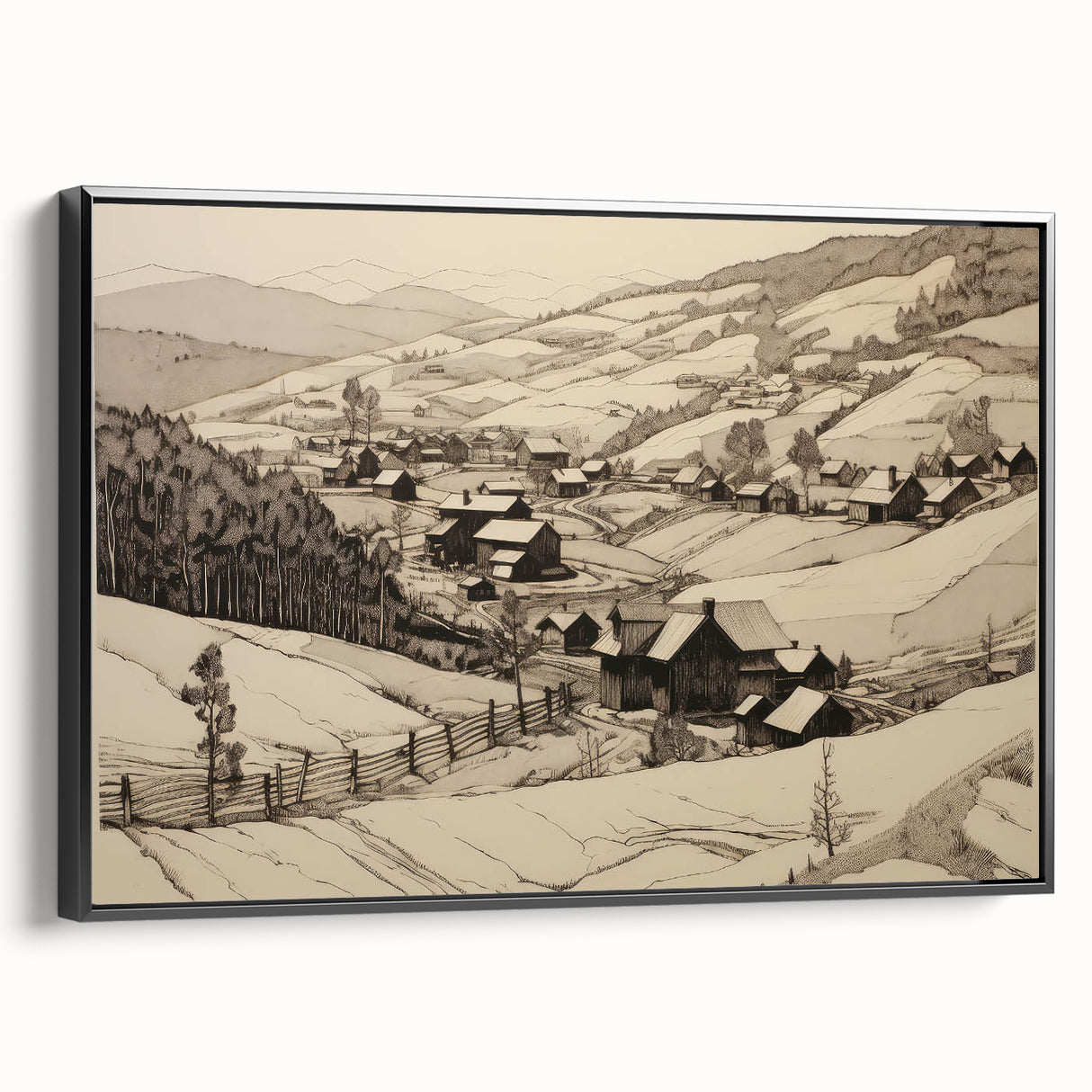 Vintage Landscape Art - Ink Drawing of Countryside Village