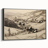 Vintage Landscape Art - Ink Drawing of Countryside Village