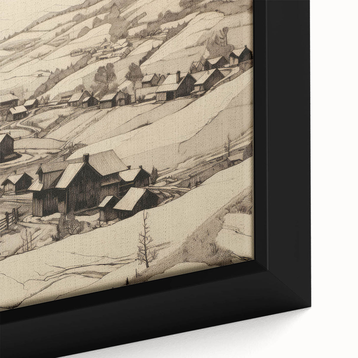 Vintage Landscape Art - Ink Drawing of Countryside Village
