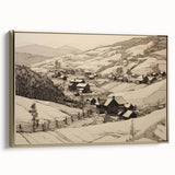 Vintage Landscape Art - Ink Drawing of Countryside Village